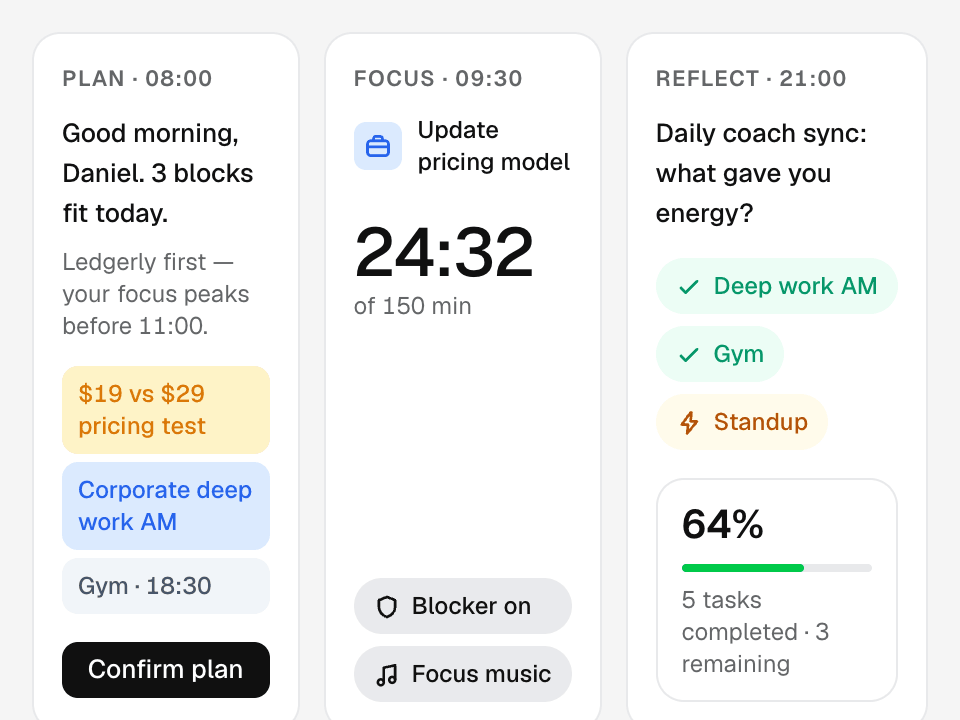 Three tiles: a morning plan from the coach, a running focus timer, and the evening coach sync